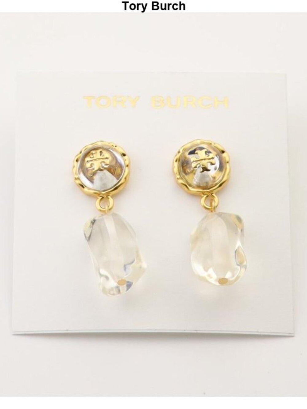 Tory Burch Gold Logo Drop Earrings with Clear Sculpted Drops